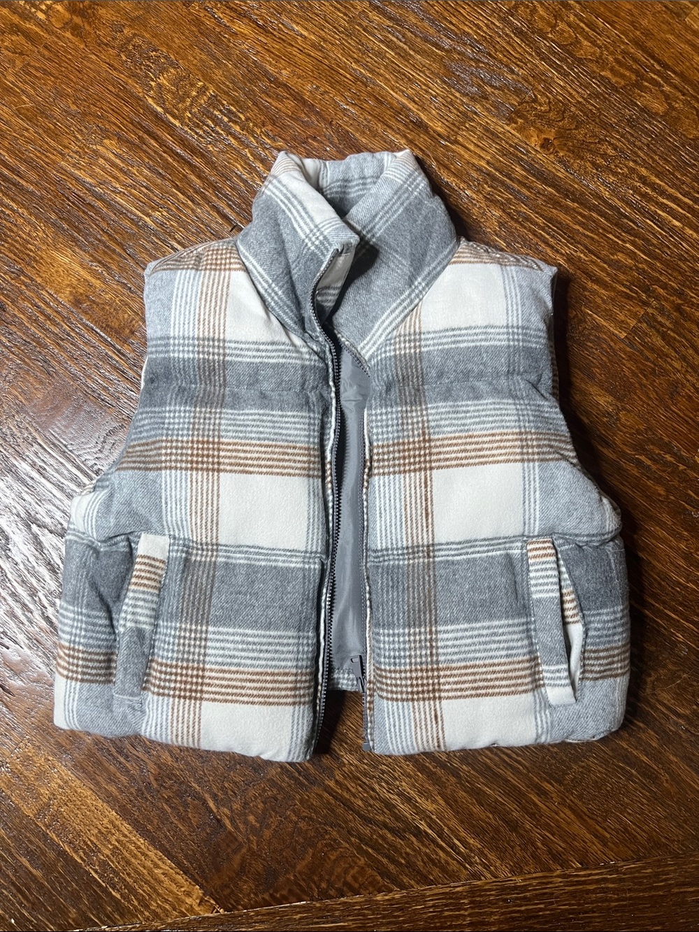 Plaid Puffer Vest - Gray & Brown